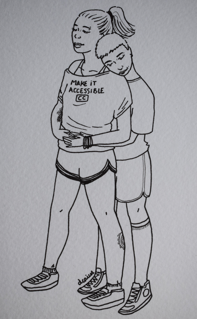 lineart de deux personnes enlacées, en tenue de sport ; baskets, shorts et t-shirts. Le t-shirt de la personne de devant dit "Make it accessible" avec un symbole CC