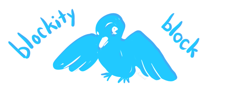 fond blanc, un dessin d'un oiseau bleu vif, les ailes déployées, l'air fatigué mais déterminé ; de part et d'autre, le texte "blockity block"