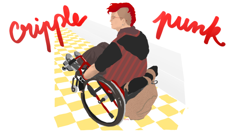 dessin par dcaius : un homme en fauteuil roulant à crête rouge qui fait une roue arrière, les mots "cripple punk" de part et d'autre