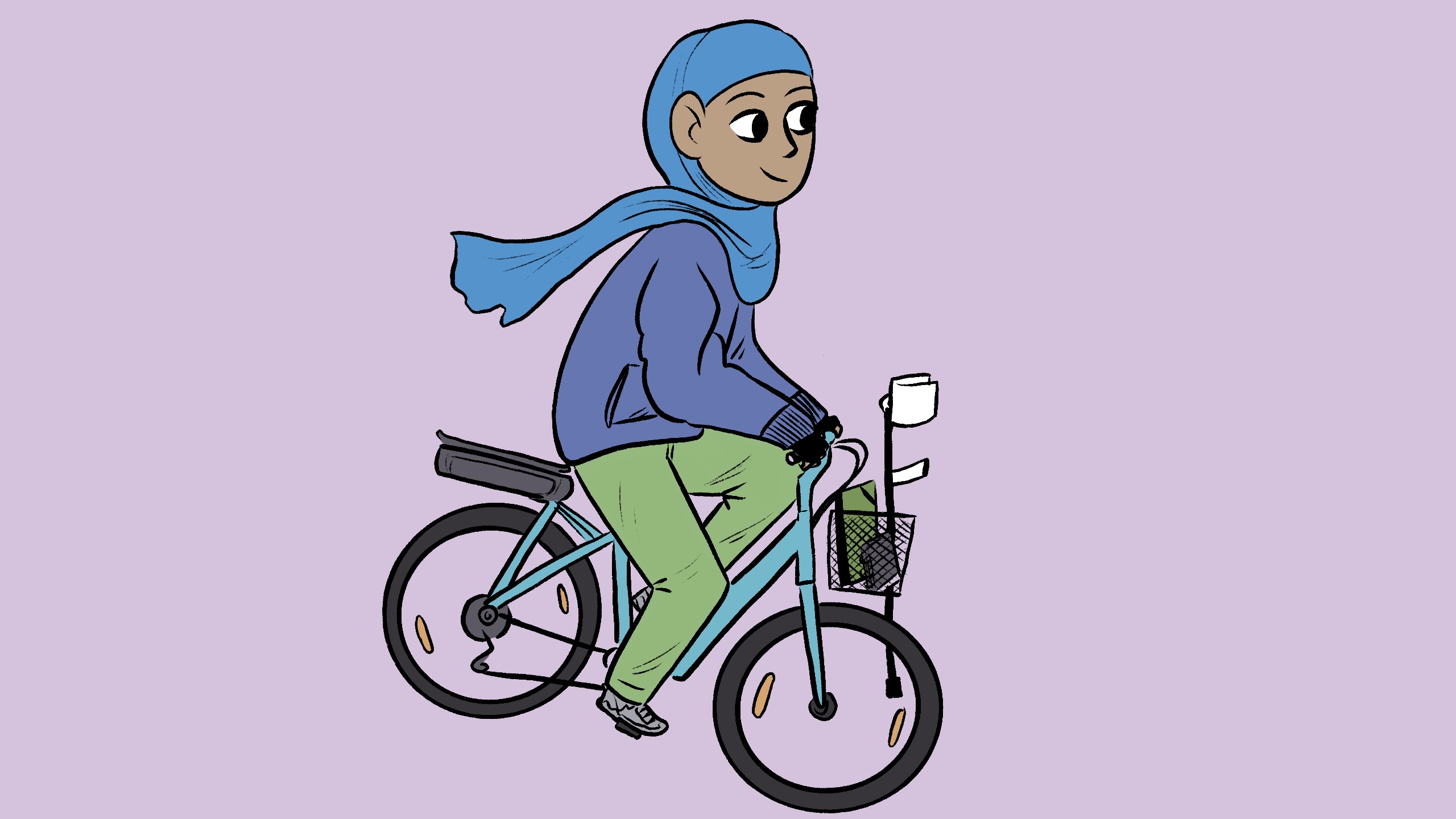 une personne à peau mate sur son vélo, portant un hijab bleu clair, une veste à poches violet clair, un pantalon vert clair ; le fond de l'image est mauve, le vélo est bleu avec un petit panier dans lequel se trouve une béquille blanche, une pochette et un carnet ; l'illustration est réalisée par Calvin Arium